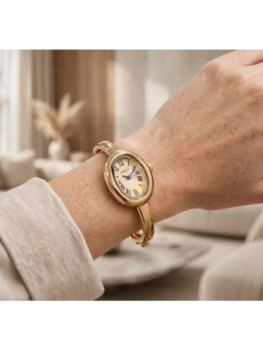Women's Gold Bangle Bracelet Oval Dial Roman Numeral Elegant Style Wrist Watch